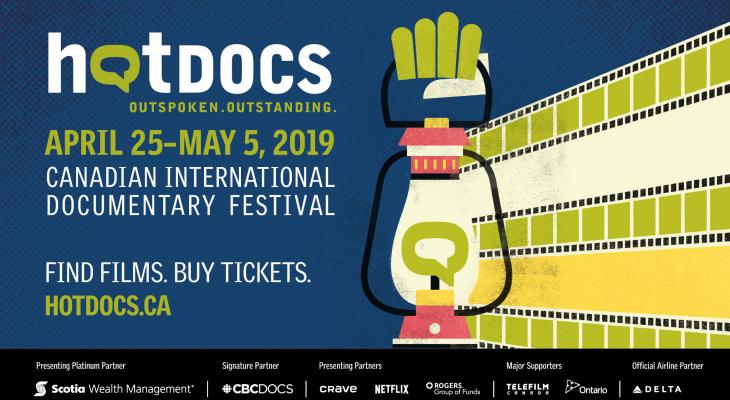 Hot Docs Festival 2019 creative with a glowing lantern and beams of light as film strips