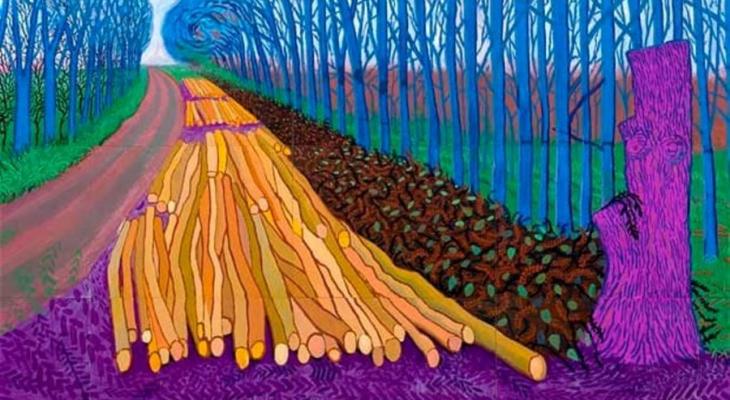 Painting by David Hockey of a road through a forest with logs strewn along the ground
