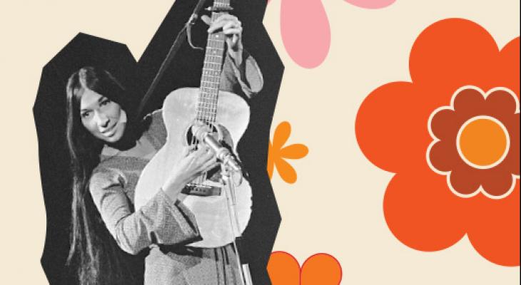 alt="Graphic with a cutout of Buffy St Marie on top of a cream background covered in orange flowers"
