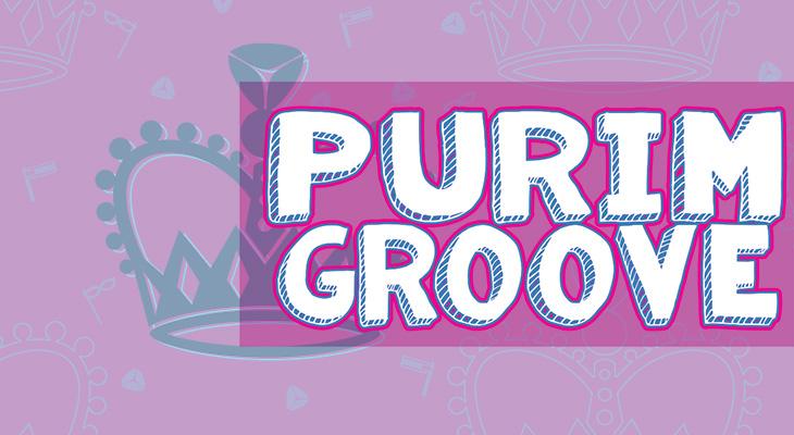 Purple background with a crown and text Purim Groove 