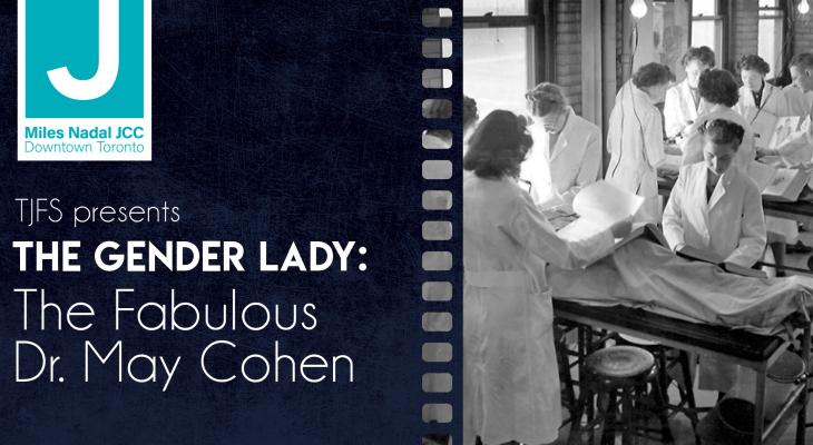 Still from the film, with text TJFS presents the Gender Lady: the Fabulous Dr. May Cohen