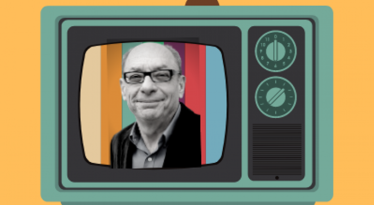 An old-fashioned television with dials on an orange background and lecturer Jack Newman on the screen. With text Laughter on the 23rd Floor