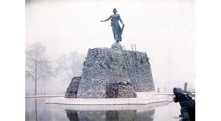 The Statue of the French Republic shielded by sandbags in case of bombing, Place de la Nation in 1918