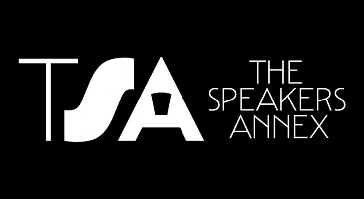 a black background with the speakers annex logo, as well as the words "THE SPEAKERS ANNEX" written in the middle of the graphic in white