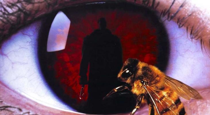 closeup of an eye with the silhouette of Candyman and a bee