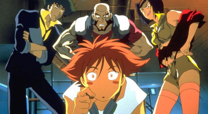 Four anime characters gaze out of the screen, examining something out of the frame.