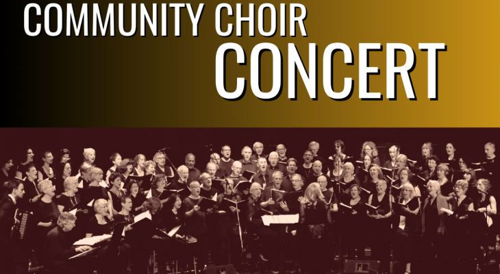 a black and white photo of the choir with the words "community choir concert" written above them, along with the date, time and location info underneath the image