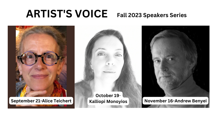 Speakers' portrait images with text: Artist' Voice Fall 2023 Series, and each speakers name underneath