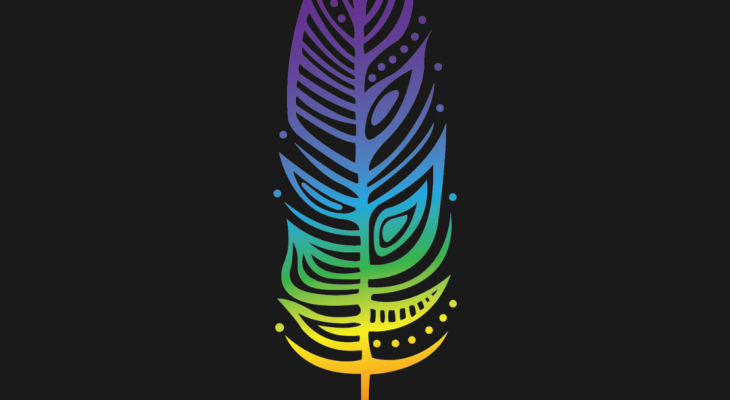 a black background with a rainbow feather drawn with the colours of the rainbow fading into each other