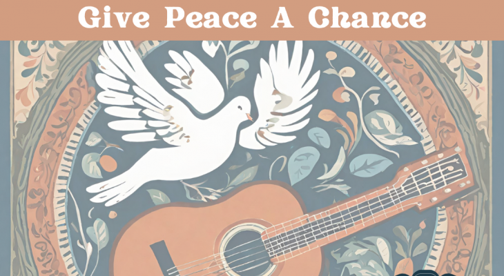 an image of a dove and a guitar with a beautiful overlay and an image of sue and dwight in the corner with the words "give peace a chance, sizties folk tribute concert featuring musical guests Sue and Dwight" written surrounding the image