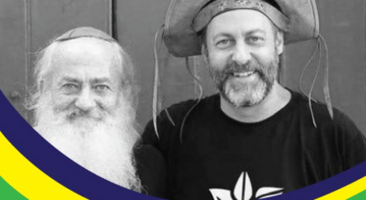 Two smiling men with a blue, yellow and green border