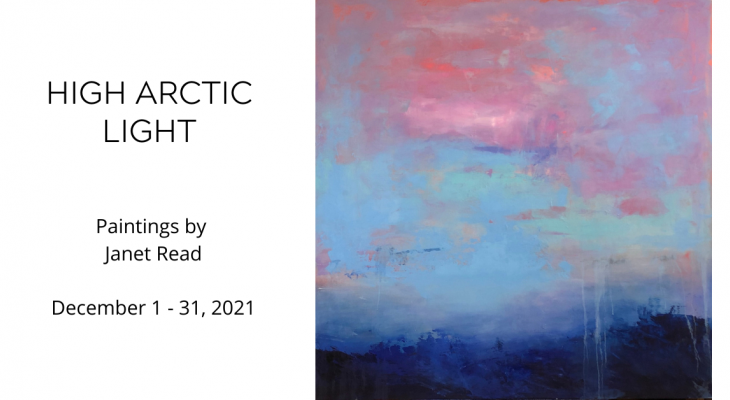 Dark blue waves against a light blue sky with pink clouds and text: High Arctic Light, paintings by Janet Read. Dec 1-31