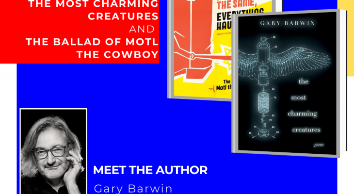 a bright coloured image with a collage of gary barwin and his two book covers, along with the book titles