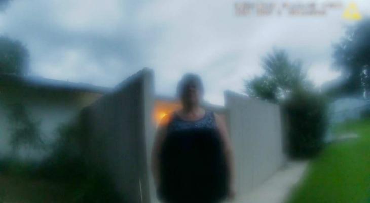 a blurry image of a woman standing in front of a house