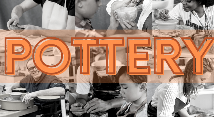 collage of people doing pottery with POTTERY written in bold letters
