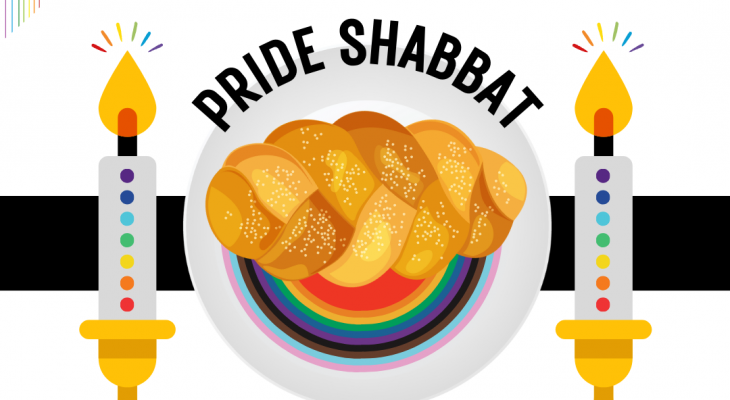 an illustration of challah and candles with a rainbow plate and rainbow candles with the words "pride shabbat: june 21, 2024: 6-9 pm written surrounding the plate