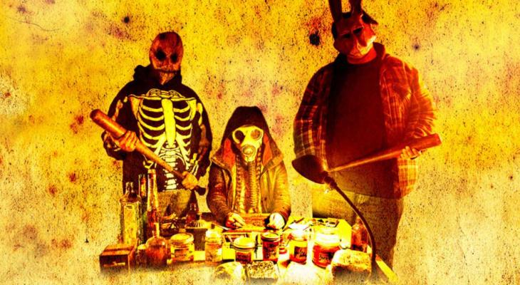 three people in masks holding baseball bats