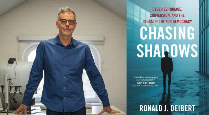 author Ronald J. Deibert next to the book cover for Chasing Shadows