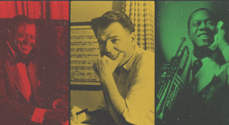 Two Black musicians and one Jewish musician in a collage, with red, yellow and green colour washes over the images.