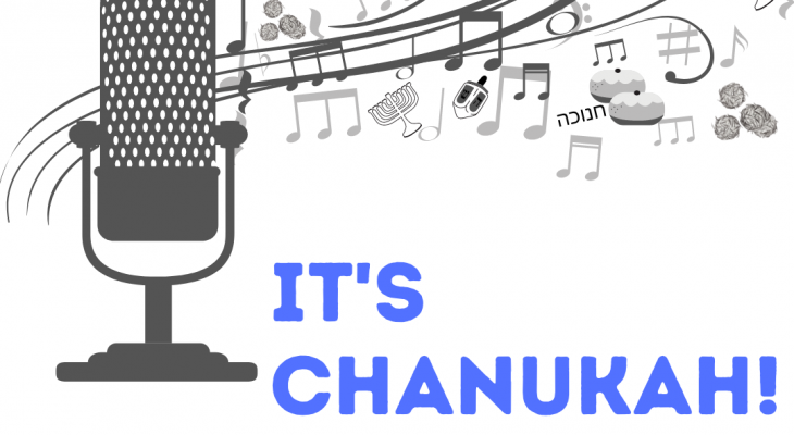 a microphone with music notes and dreidels coming out of it with the words "sing along it's chanukah!" written all around it in blue font