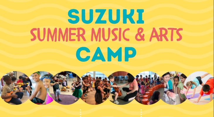 Bright yellow background with wavy lines and text: Suzuki Summer Music & Arts Camp. Below is a line of bubbles. Each bubble has an image of kids doing various activities at camp.