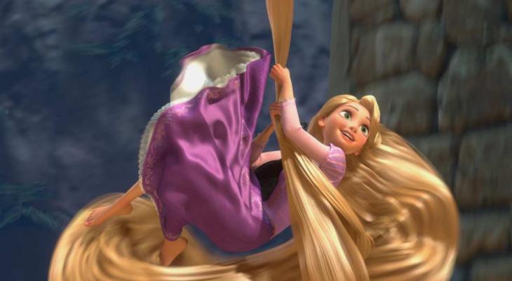 A princess swings about on her long hair.