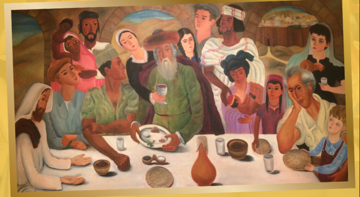 seder table artwork with diverse people around a table