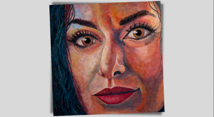 Close up painting of a woman's face against a white background