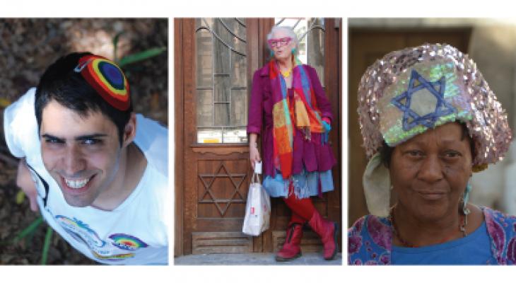 Three images put into a collage: A close up of a man with brown hair looking up, an older women wearing colourful clothes standing in front of a door and another woman wearing a hat with the Star of David on it.
