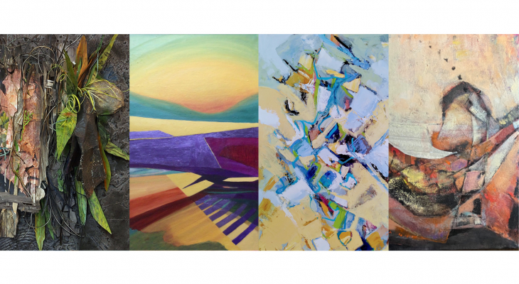 Collage of four artwork images (detail shots): Installation with leaves and wood; abstract landscape consisting of light yellow, purple, brown and blue tone; abstract artworks with geometric shapes consisting of different shades of blue and light yellow; abstract work with organic shapes consist of brown, red and light yellow.