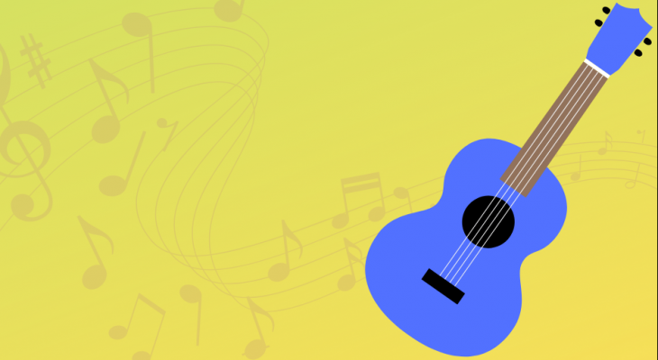 yellow background with UKELELE written in blue text alongside a blue graphic of a ukelele