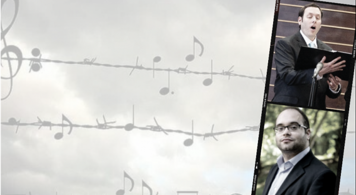 An overcast sky with musical notes nestled on barbed wire. With text: musical guests Sidney Ezer and Asher Farber. On the left side is pictures of the two guests. 