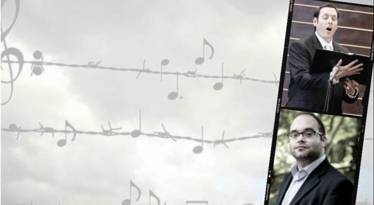 An overcast sky with musical notes nestled on barbed wire. With text: musical guests Sidney Ezer and Asher Farber. On the left side is pictures of the two guests.
