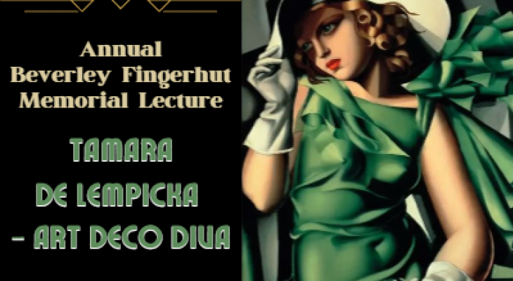 painting of a woman in a green dress with the words "Annual Beverley Fingerhut Memorial Lecture: Tamara de Lempicka - Art Deco Diva" beside it