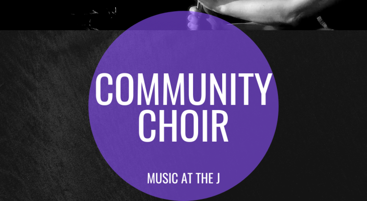 two conductors in black and white with the words "community choir" written overtop in a purple circle