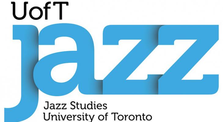 In the upper left corner is the black letter "U of T", in the middle is the big blue art font "Jazz", and under it is the small letter “jazz studies university of toronto” in black