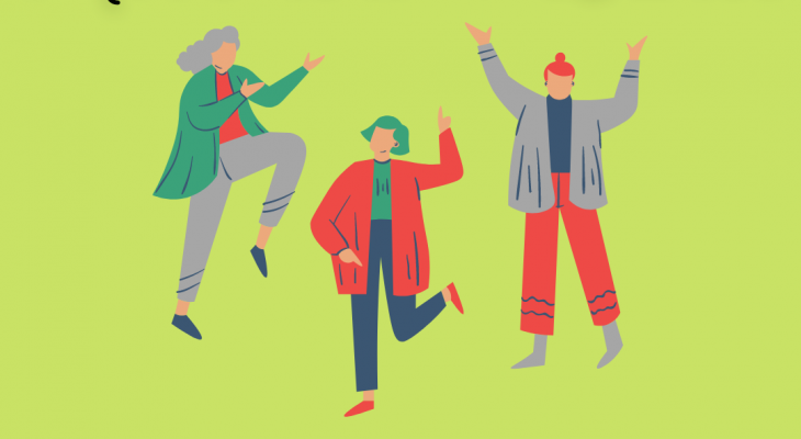 Three women dancing on a light green background
