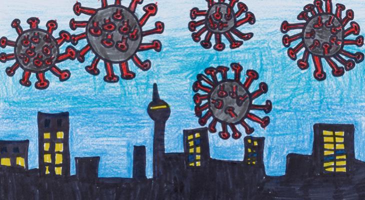 Child's drawing of covid virus falling from the sky over toronto at night