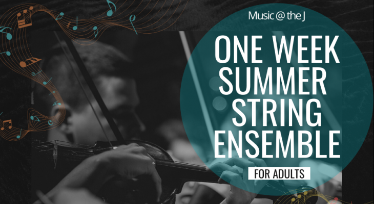 Person playing a violin with text: One week summer string ensemble