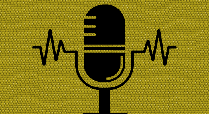 Yellow background with black microphone and sound waves