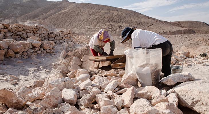 Two archaeologists digging in the field