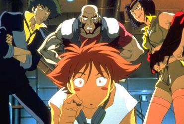 Four anime characters gaze out of the screen, examining something out of the frame.