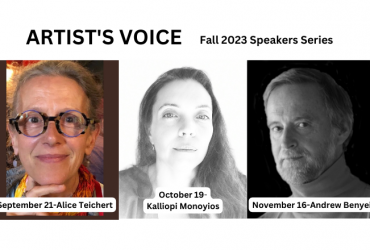 Speakers' portrait images with text: Artist' Voice Fall 2023 Series, and each speakers name underneath