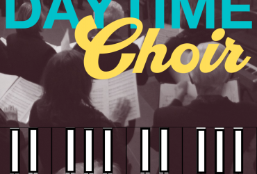 Black and white image of seated people singing in a choir, with text in blue and yellow: Daytime Choir