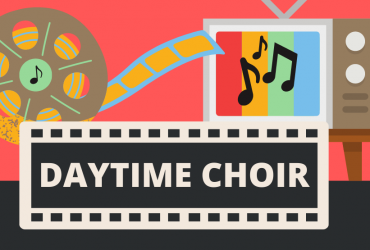 a film reel and a television on a red background, with text: daytime choir