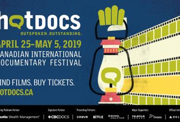 Hot Docs Festival 2019 creative with a glowing lantern and beams of light as film strips
