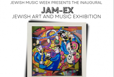 a photo of an art deco painting with the words "Jewish Music Week presents the inaugural JAM-EX, Jewish Art and Music Exhibition"