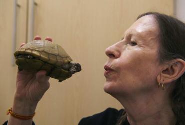 a woman pretending to kiss a turtle