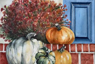 Meral Altinbilek Artwork - Still life/watercolour on paper/pumpkins and the walls on the background
