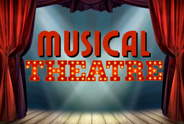 A stage with red curtains and text: Musical Theatre